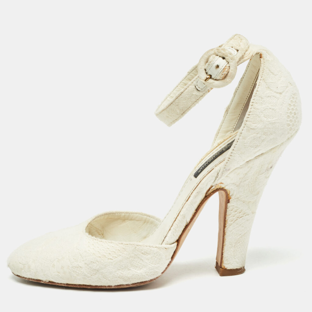 luxury-women-dolcegabbana-used-shoes-p981176-011 Dolce & Gabbana White Jacquard Fabric Ankle Strap Pumps Size 37