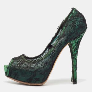 Dolce & Gabbana Black/Green Lace and Satin Peep Toe Platform Pumps Size 40
