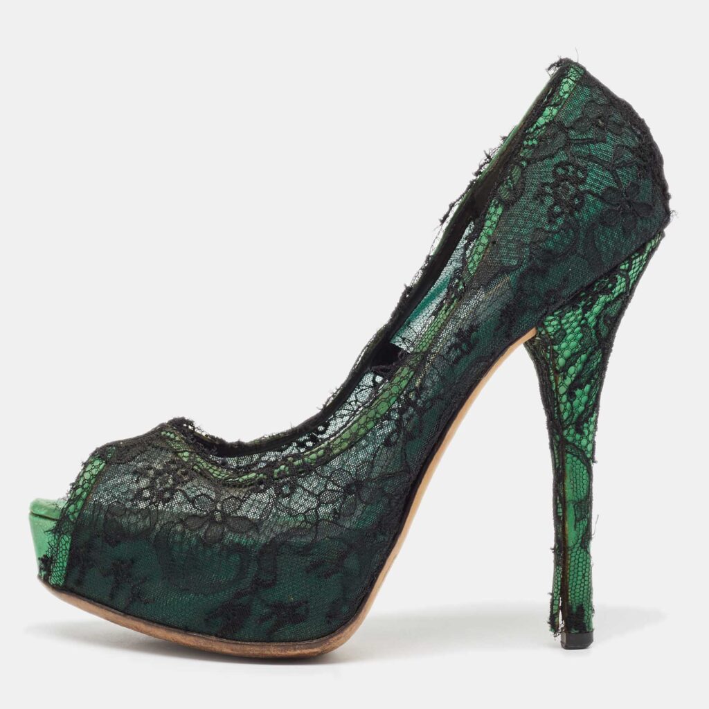 luxury-women-dolcegabbana-used-shoes-p994175-003 Dolce & Gabbana Black/Green Lace and Satin Peep Toe Platform Pumps Size 40