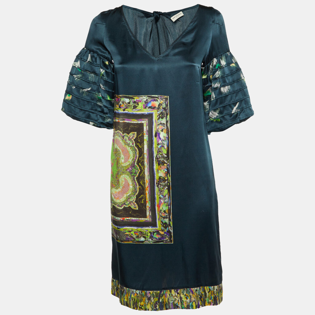 luxury-women-dries-van-noten-used-clothes-p1152276-001 Dries van Noten Dark Green Printed Silk Shift Dress S