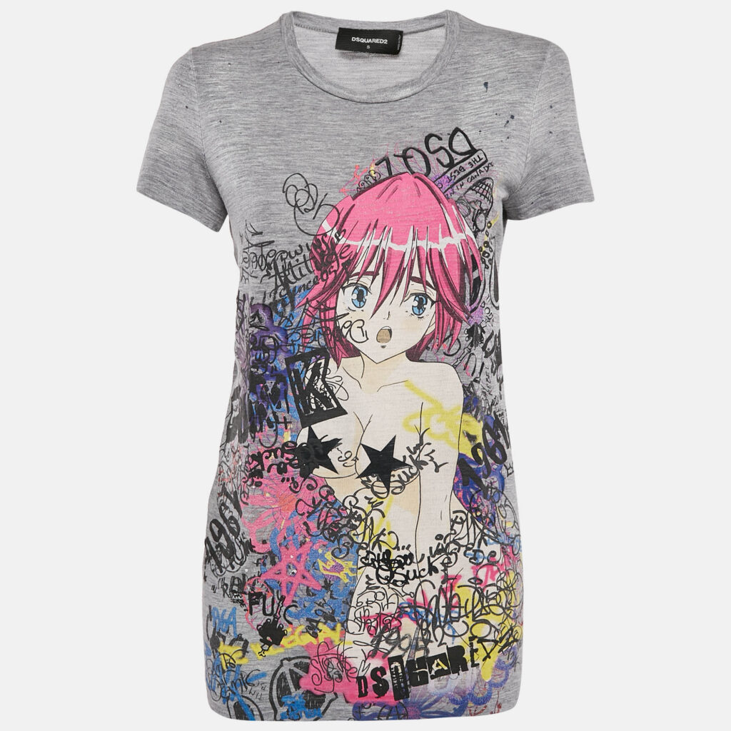 luxury-women-dsquared2-used-clothes-p1108595-007 Dsquared2 Multicolor Anime Manga Print Cotton Crew Neck T-Shirt S