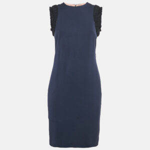Dsquared2 Navy Blue Wool Blend Embellished Sleeve Sheath Dress M