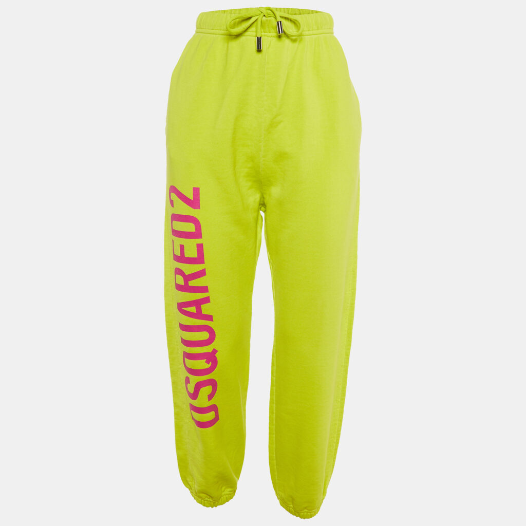 luxury-women-dsquared2-used-clothes-p1152253-001 Dsquared2 Neon Green Cotton Knit Logo Printed Joggers XS