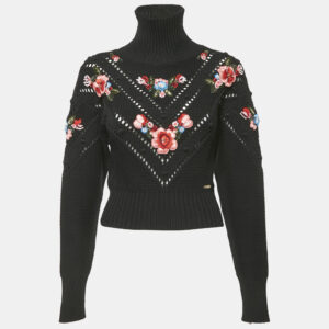 Dsquared2 Black Floral Applique Wool Knit Turtleneck Sweater S