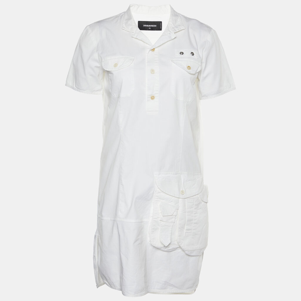 luxury-women-dsquared2-used-clothes-p790212-002 Dsquared2 White Cotton Button Front Shift Dress M