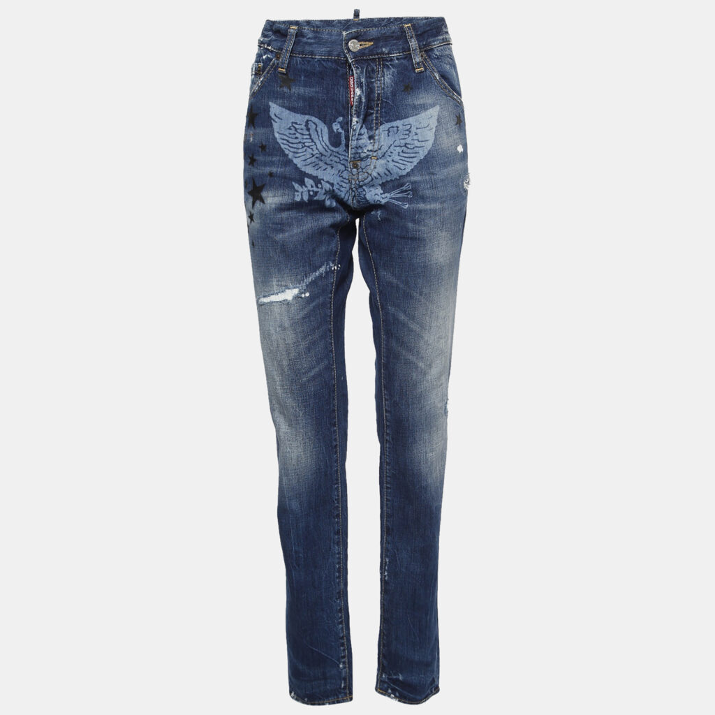 luxury-women-dsquared2-used-clothes-p975157-002 Dsquared2 Navy Blue Printed Distressed Denim Jeans L Waist 36"