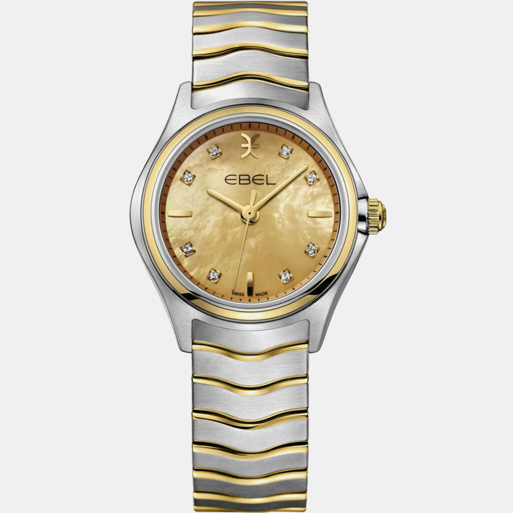 luxury-women-ebel-used-watches-p1152851-001 Ebel Champagne 18k Yellow Gold Stainless Steel Wave Lady 1216569 Quartz Women's Wristwatch 30 mm