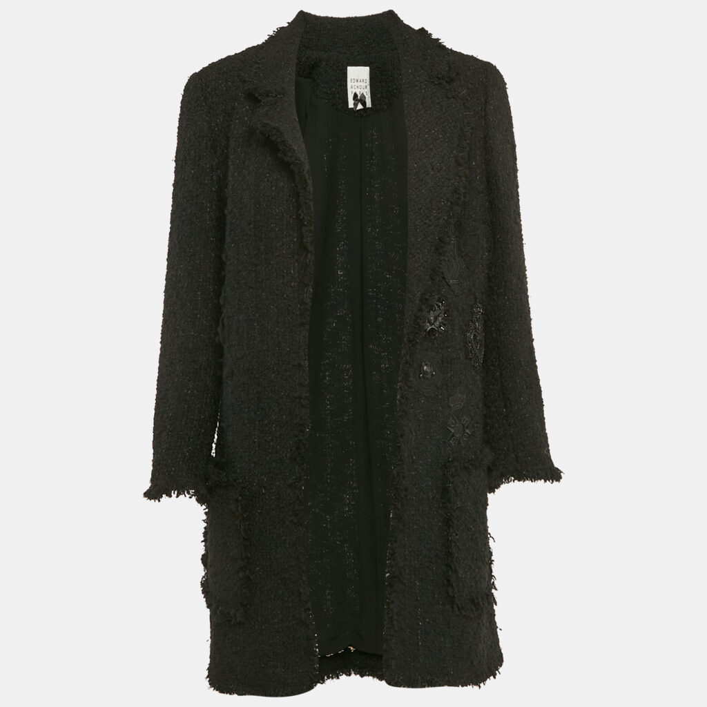 luxury-women-edward-archour-paris-used-clothes-p1098069-004 Edward Achour Paris Tweed Applique Detail Open Front Coat M