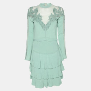 Elie Saab Mint Green Tulle Paneled Stretch Knit Appliqu&eacute;d Mini Dress S