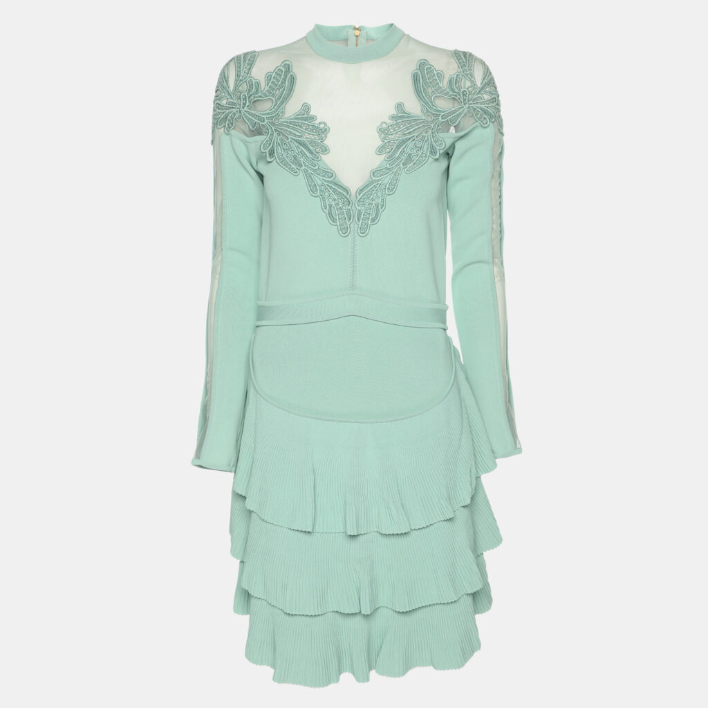 luxury-women-elie-saab-new-clothes-p1152441-001 Elie Saab Mint Green Tulle Paneled Stretch Knit Appliquéd Mini Dress S