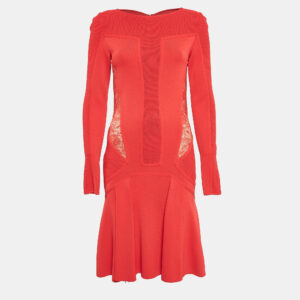 Elie Saab Red Lace Trim Knit Flared Midi Dress S