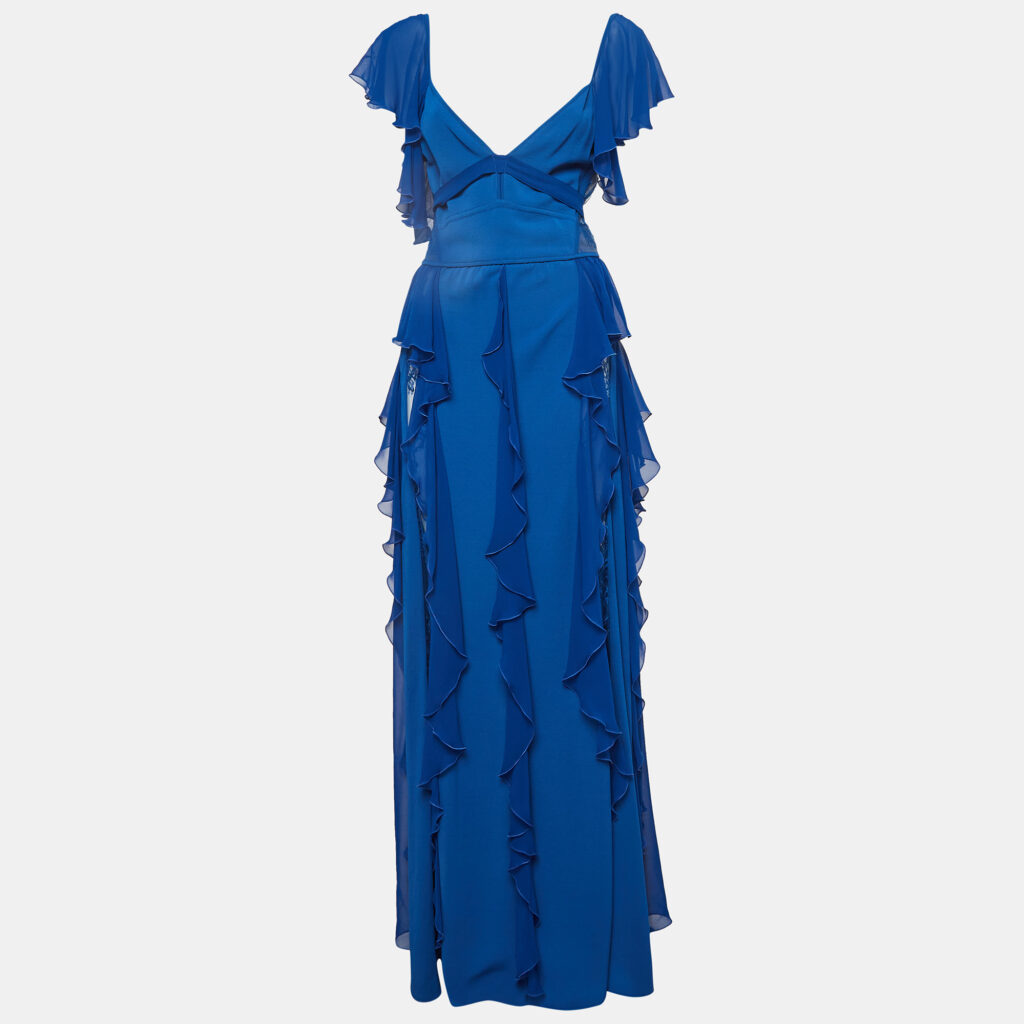 luxury-women-elie-saab-used-clothes-p1024201-002 Elie Saab Blue Lace Trim Georgette Ruffled Gown S