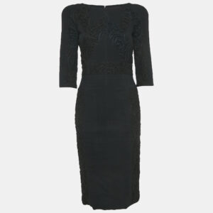 Elie Saab Black Embroidered Silk Blend Sheath Dress S
