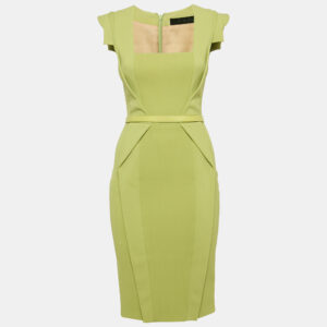 elie saab green crepe belted sheath dress xs
