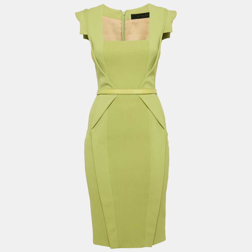 luxury-women-elie-saab-used-clothes-p1149495-002.jpg Elie Saab Green Crepe Belted Sheath Dress XS