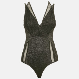 Elie Saab Black Lurex Jersey and Tulle Trim Bodysuit S