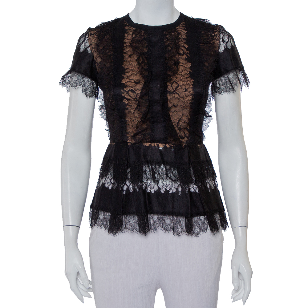 luxury-women-elie-saab-used-clothes-p425217-002 Elie Saab Black Lace Short Sleeve Peplum Top XS