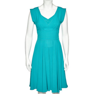 Elie Saab Teal Blue Crepe Pleated Detail Midi Dress XS