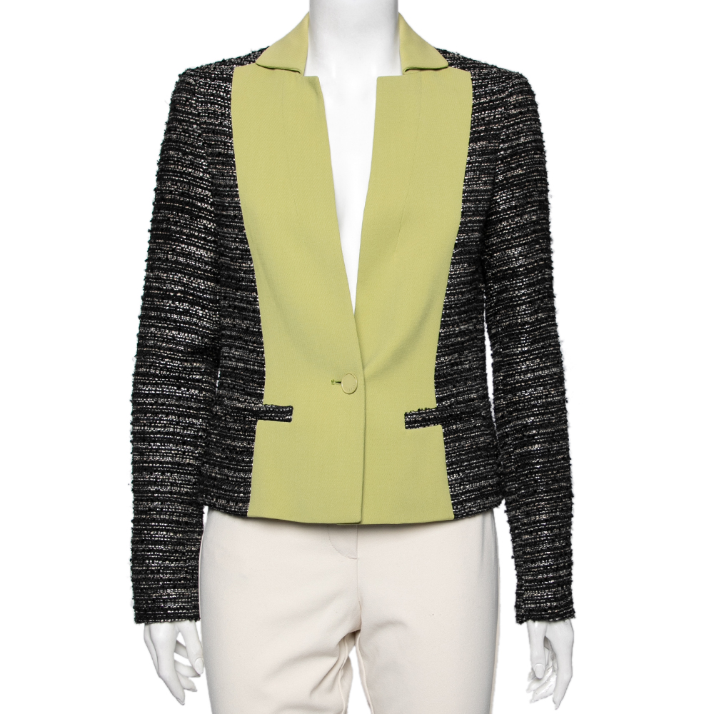 luxury-women-elie-saab-used-clothes-p616841-007-2 Elie Saab Black & Green Tweed Crepe Paneled Cropped Blazer S