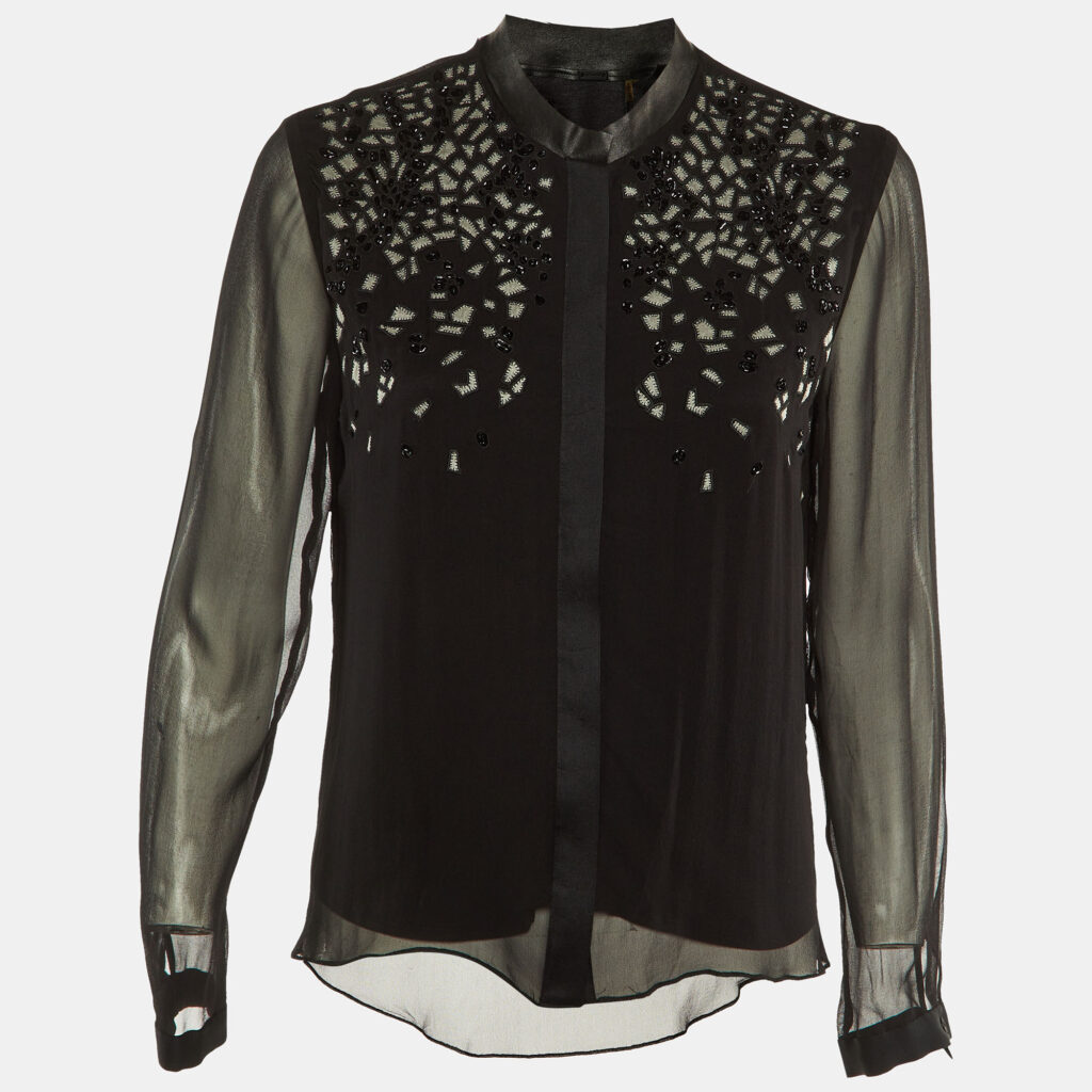 Elie Tahari Black Silk Embellished Button Front Blouse S