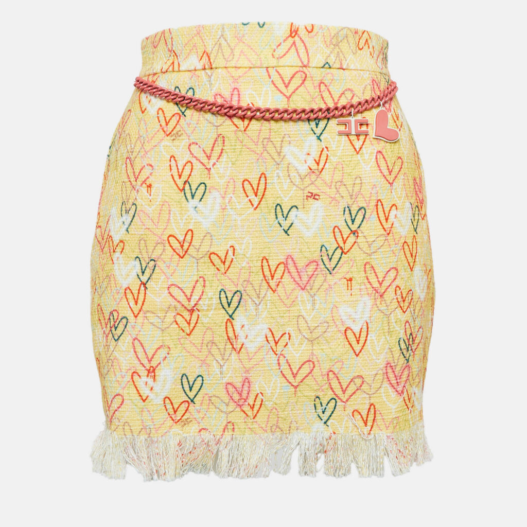 luxury-women-elisabetta-franchi-used-clothes-p1025427-002 Elisabetta Franchi Yellow Hearts print Cotton Canvas Fringed Mini Skirt S