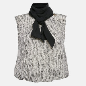 Elisabetta Franchi Black/White Printed Silk Bow Neck Top S