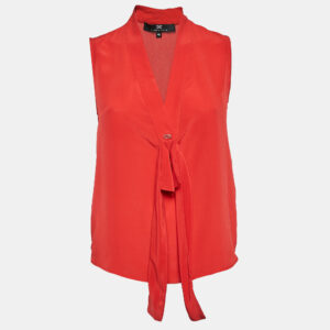 Elisabetta Franchi Red Crepe V-Neck Bow Detail Top M