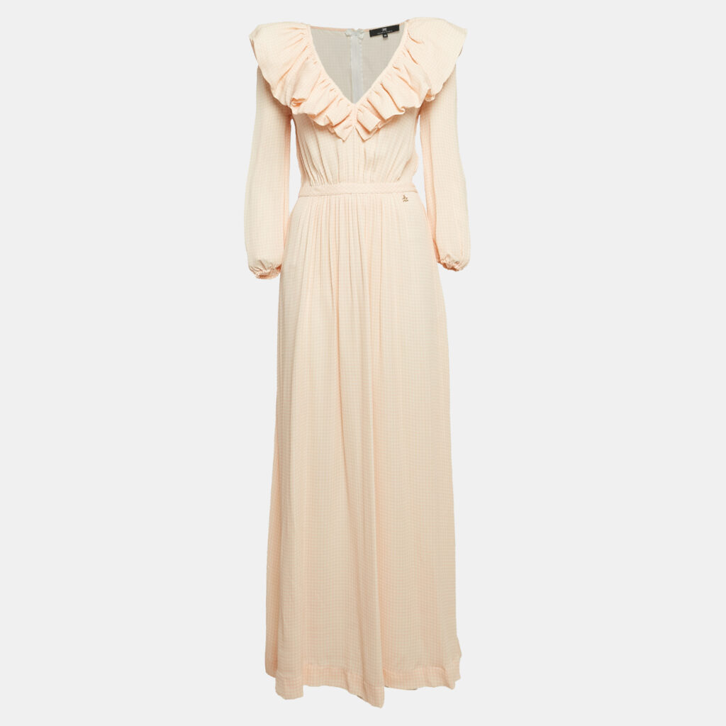 Elisabetta Franchi Orange Checks Crepe Maxi Dress XL