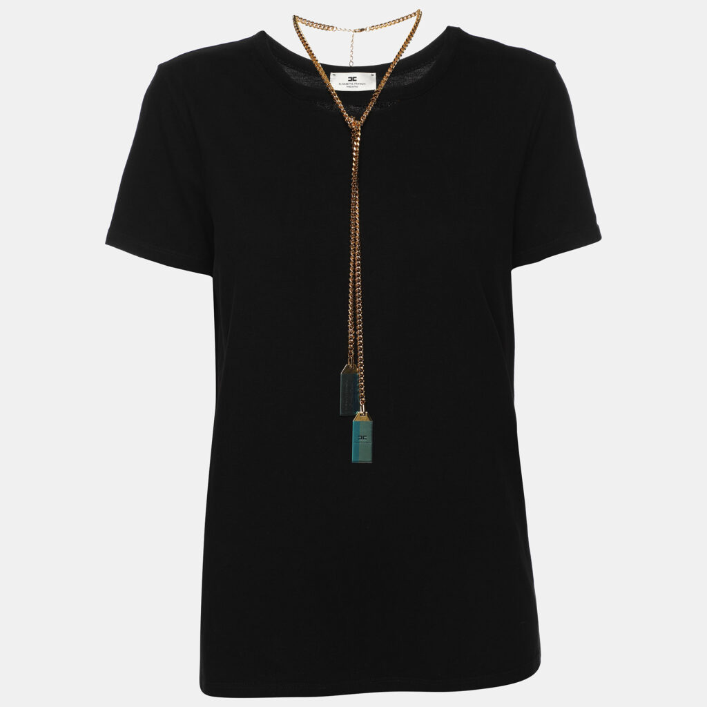 Elisabetta Franchi Black Cotton Round Neck Chain T-Shirt S