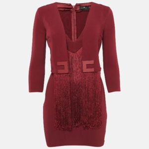 Elisabetta Franchi Burgundy Fringed Crepe Mini Dress S