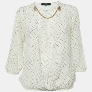 Elisabetta Franchi White Checks Print Silk Brooches Detail Top M