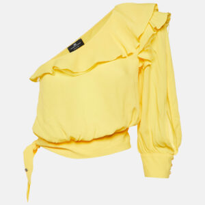 Elisabetta Franchi Yellow Crepe One-Shoulder Ruffled Blouse M