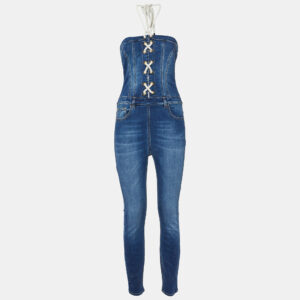 Elisabetta Franchi Blue Denim Lace-Up Detail Off-Shoulder Jumpsuit M