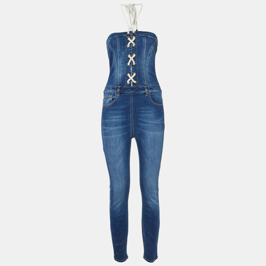 luxury-women-elisabetta-franchi-used-clothes-p1075488-002 Elisabetta Franchi Blue Denim Lace-Up Detail Off-Shoulder Jumpsuit M