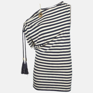 Elisabetta Franchi Jeans Marine Blue Striped Jersey Asymmetric Top M