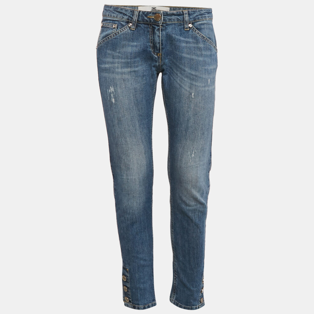 Elisabetta Franchi Blue Washed Denim Button Detail Jeans M Waist 29"