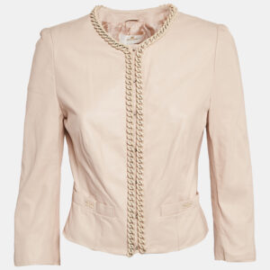 Elisabetta Franchi Gold Pink Chain Embellished Leather Jacket L