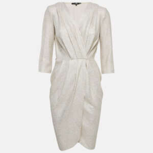 Elisabetta Franchi Metallic/Cream Foil Print Textured Crepe Wrap Dress S