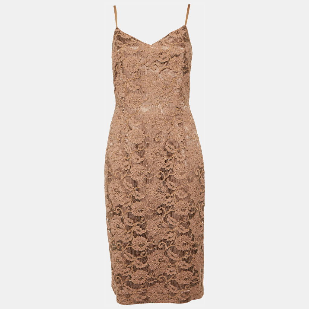 Elisabetta Franchi Taupe Lace Sleeveless Fitted Dress XL