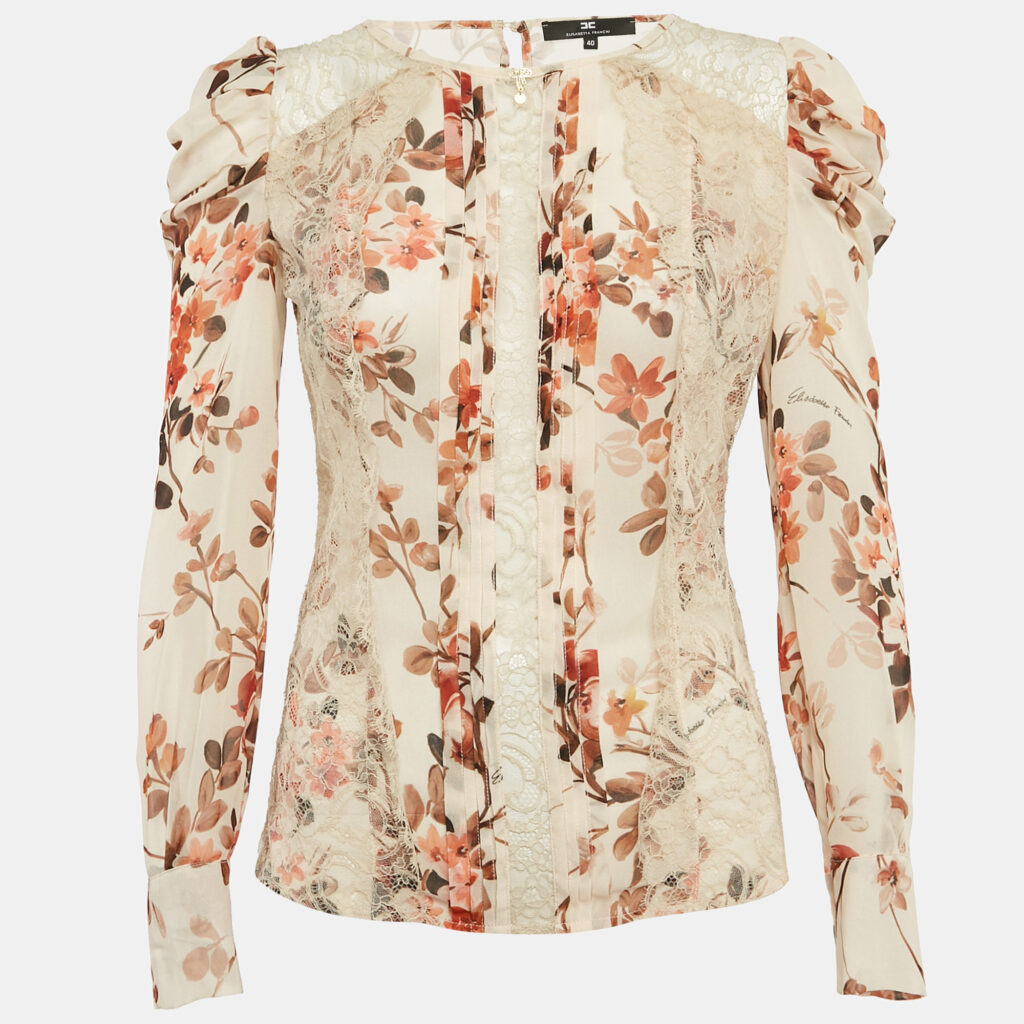 luxury-women-elisabetta-franchi-used-clothes-p1101658-002 Elisabetta Franchi Beige Floral Print Lace Trim Crepe Blouse S