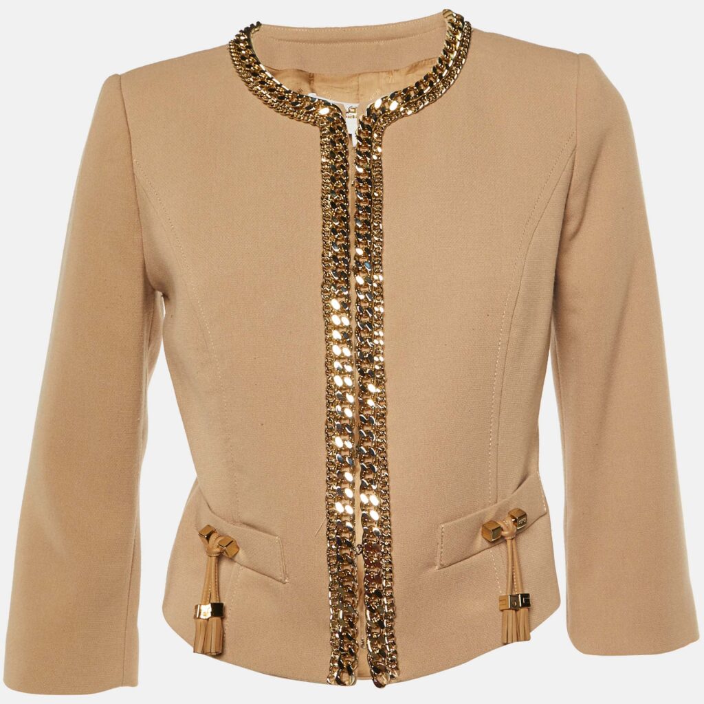 luxury-women-elisabetta-franchi-used-clothes-p1104163-001 Elisabetta Franchi Gold Beige Cady Chain Trim Jacket L