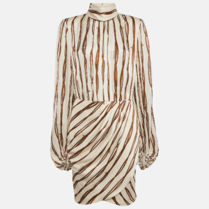 Elisabetta Franchi Beige Belt Print Silk Draped Short Dress L