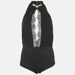 Elisabetta Franchi Black Embellished Jersey and Lace Halter Neck Bodysuit M