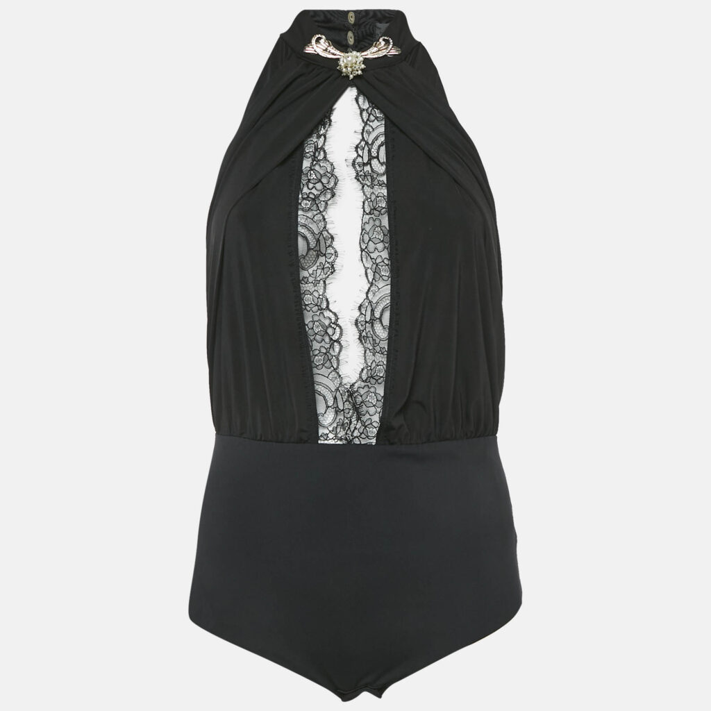 Elisabetta Franchi Black Embellished Jersey and Lace Halter Neck Bodysuit M