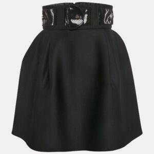 Elisabetta Franchi Black Faux Leather Belted Neoprene Flared Mini Skirt M