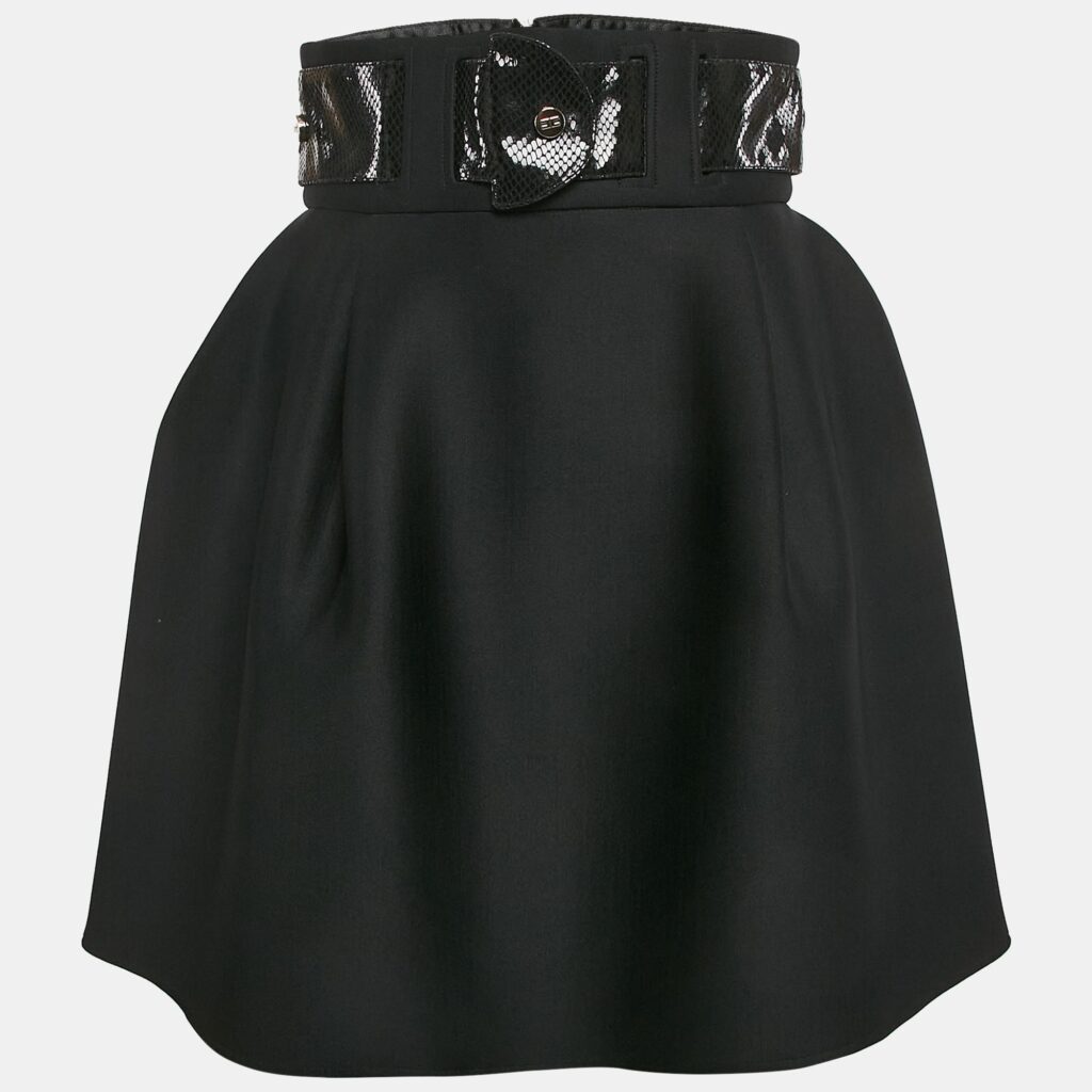 luxury-women-elisabetta-franchi-used-clothes-p1110221-001 Elisabetta Franchi Black Faux Leather Belted Neoprene Flared Mini Skirt M