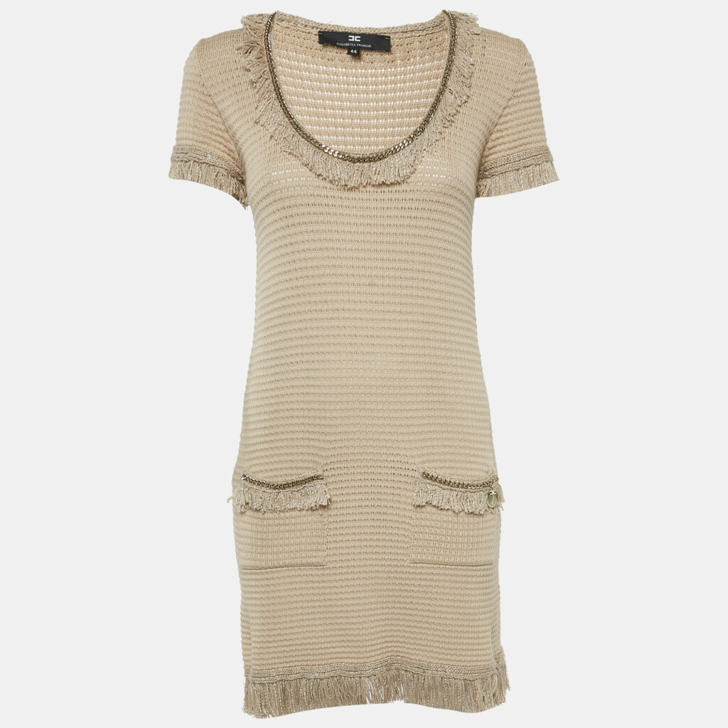 luxury-women-elisabetta-franchi-used-clothes-p1110896-002 Elisabetta Franchi Beige Cotton Blend Knit Fringed Mini Dress M