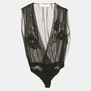 Elisabetta Franchi Gold Black Embellished Tulle Sleeveless Bodysuit S
