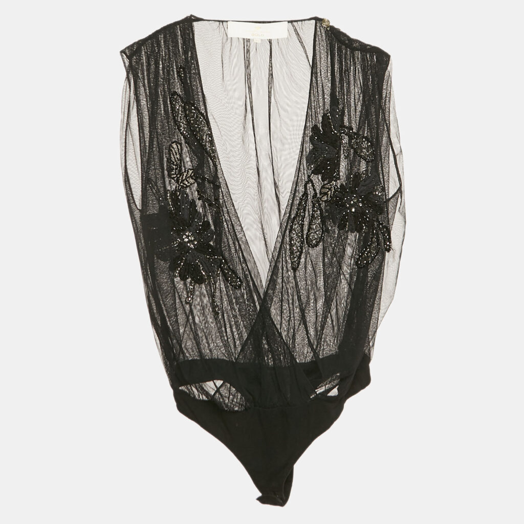 Elisabetta Franchi Gold Black Embellished Tulle Sleeveless Bodysuit S