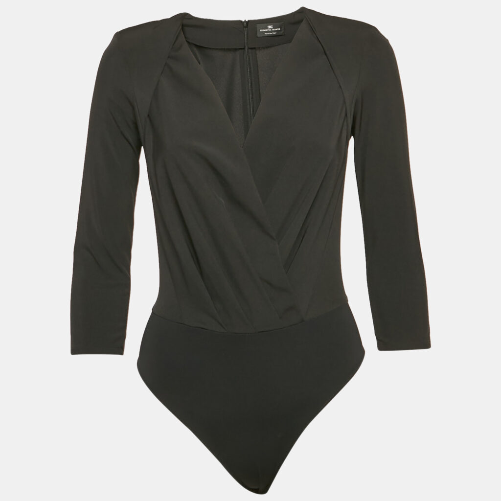Elisabetta Franchi Black Crepe Plunging Neck Bodysuit S